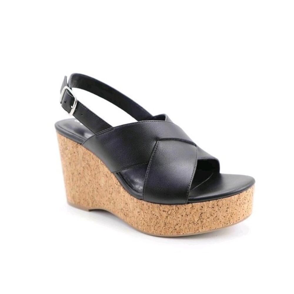 No Boundaries Womens Black X Band Cork Wedge Sandals Shoes size 8 Memory Foam